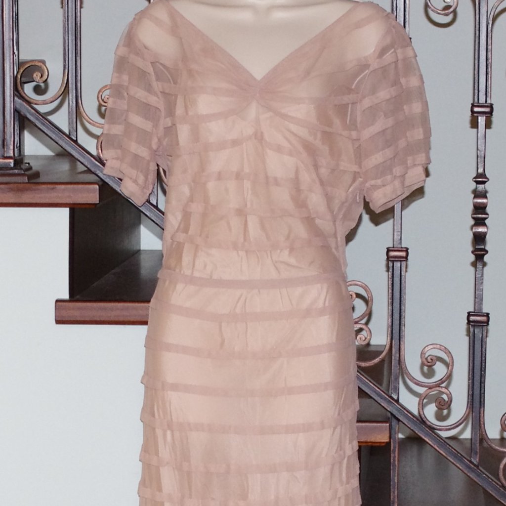 Candela Nude Tan Silk Neck Back Short Sleeve Gown Formal Dress Size:M